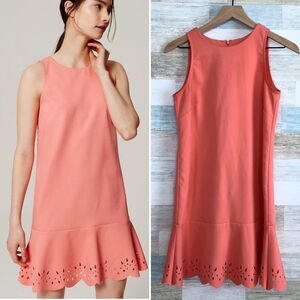 LOFT Laser Cut Floral Flounce Dress Pink Coral Sleeveless Womens 0P 0 Petite